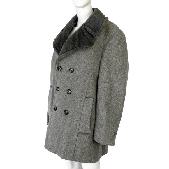 VINTAGE MENS FLEECE LINED DOUBLE BREASTED WOOL OVERCOAT 1970’s SZ 44 - Picture 3 of 11